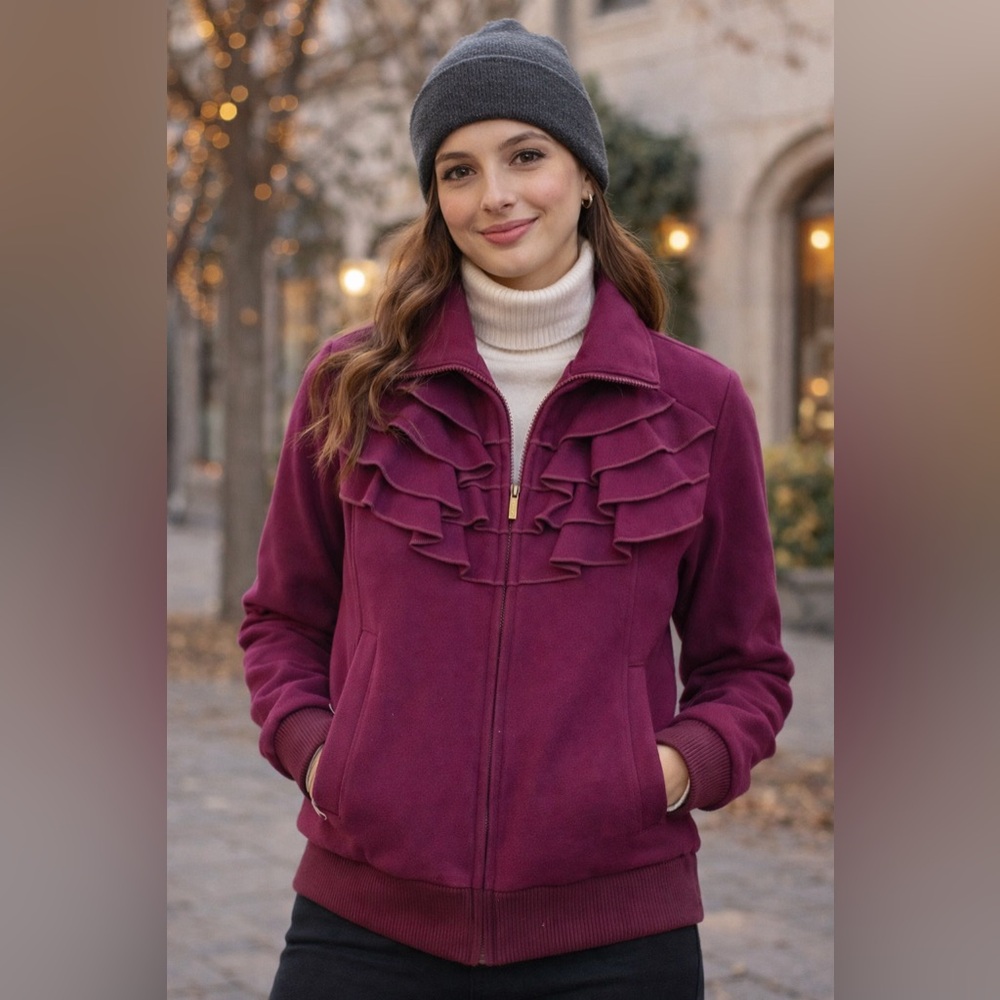 Steve Madden Burgundy Ruffled Bomber Jacket